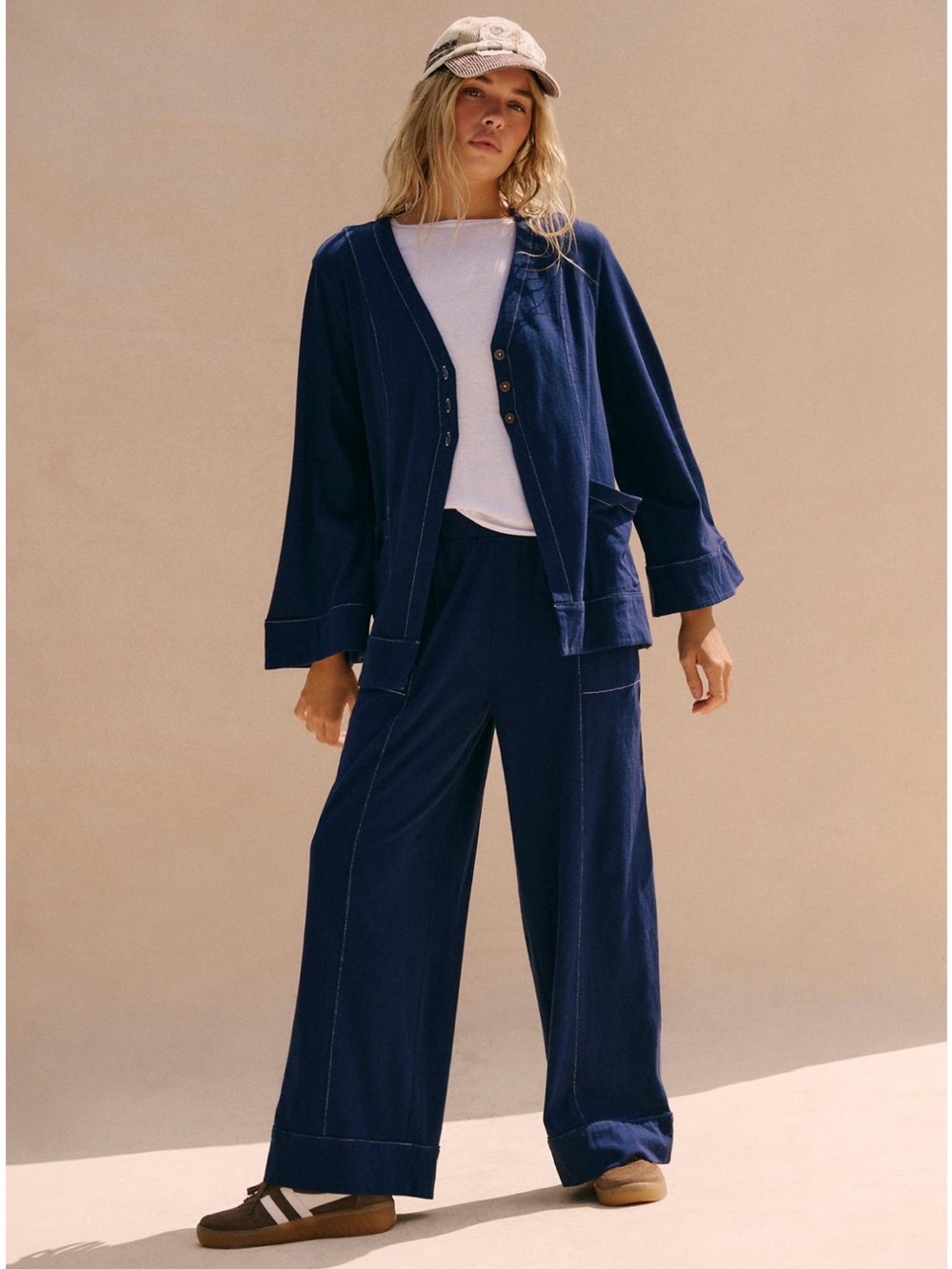 Free People-Strada Pant Set-Shirt & Pants-100% Cotton-Navy Blue-New